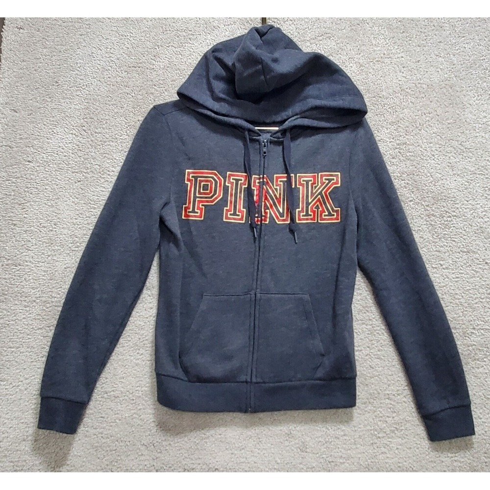 Pink Victoria's Secret Hoodie Womens XS Gray Cotton Long Sleeve Pockets Full Zip